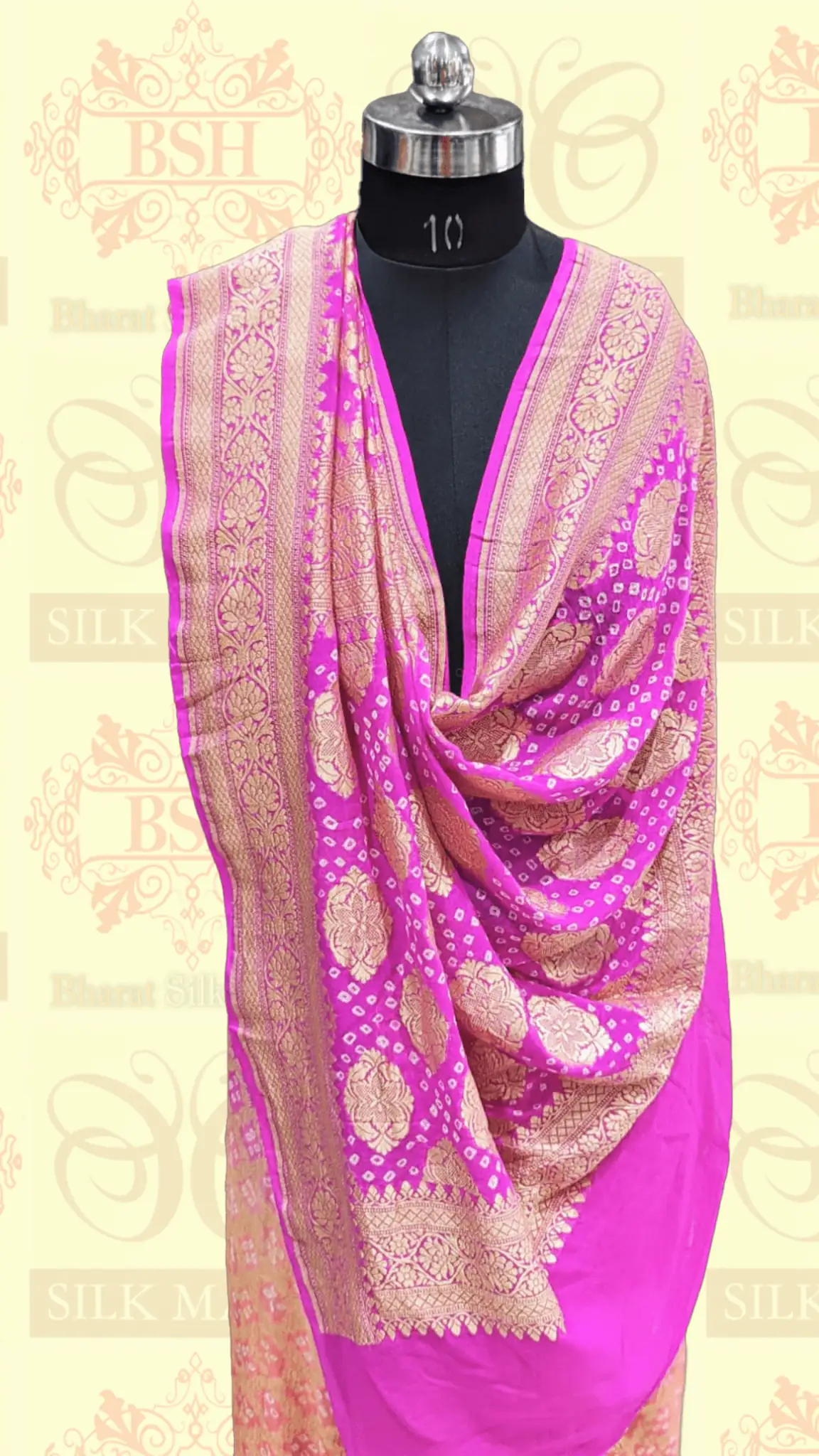 Pure Georgette Banarasi Bandhej Handloom Saree In Dual Shades Of Pink/Orange - Bharat Silk House Bandhej
