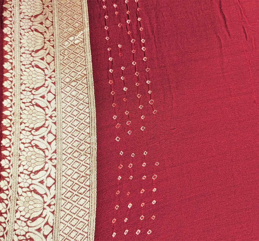 Pure Georgette Banarasi Bandhej Handloom Saree In Dual Shades Of Red & Orange - Bharat Silk House Bandhej