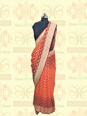 Pure Georgette Banarasi Bandhej Handloom Saree In Dual Shades Of Red & Orange - Bharat Silk House Bandhej