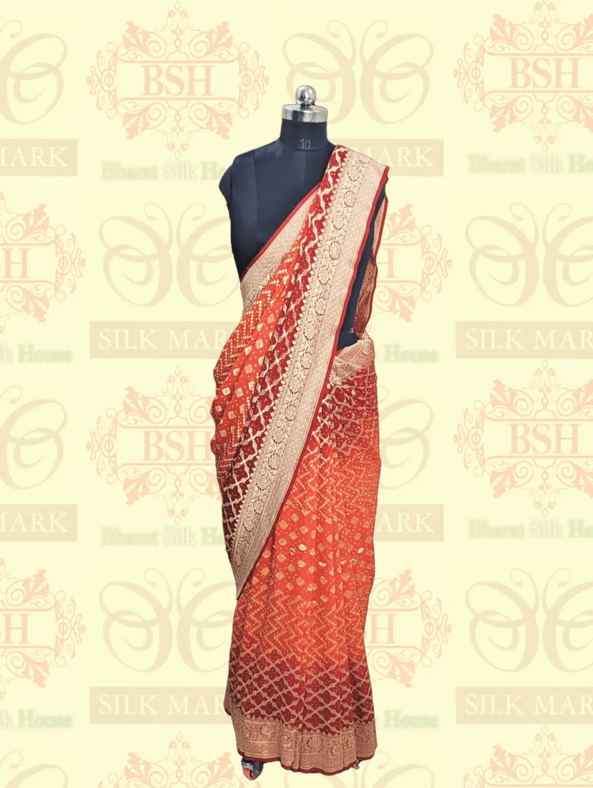 Pure Georgette Banarasi Bandhej Handloom Saree In Dual Shades Of Red & Orange - Bharat Silk House Bandhej