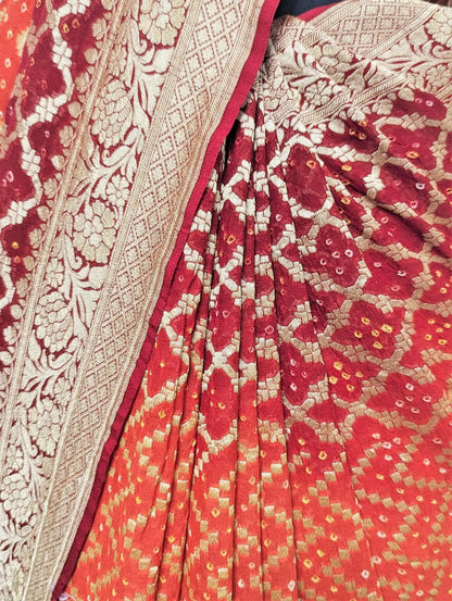 Pure Georgette Banarasi Bandhej Handloom Saree In Dual Shades Of Red & Orange - Bharat Silk House Bandhej