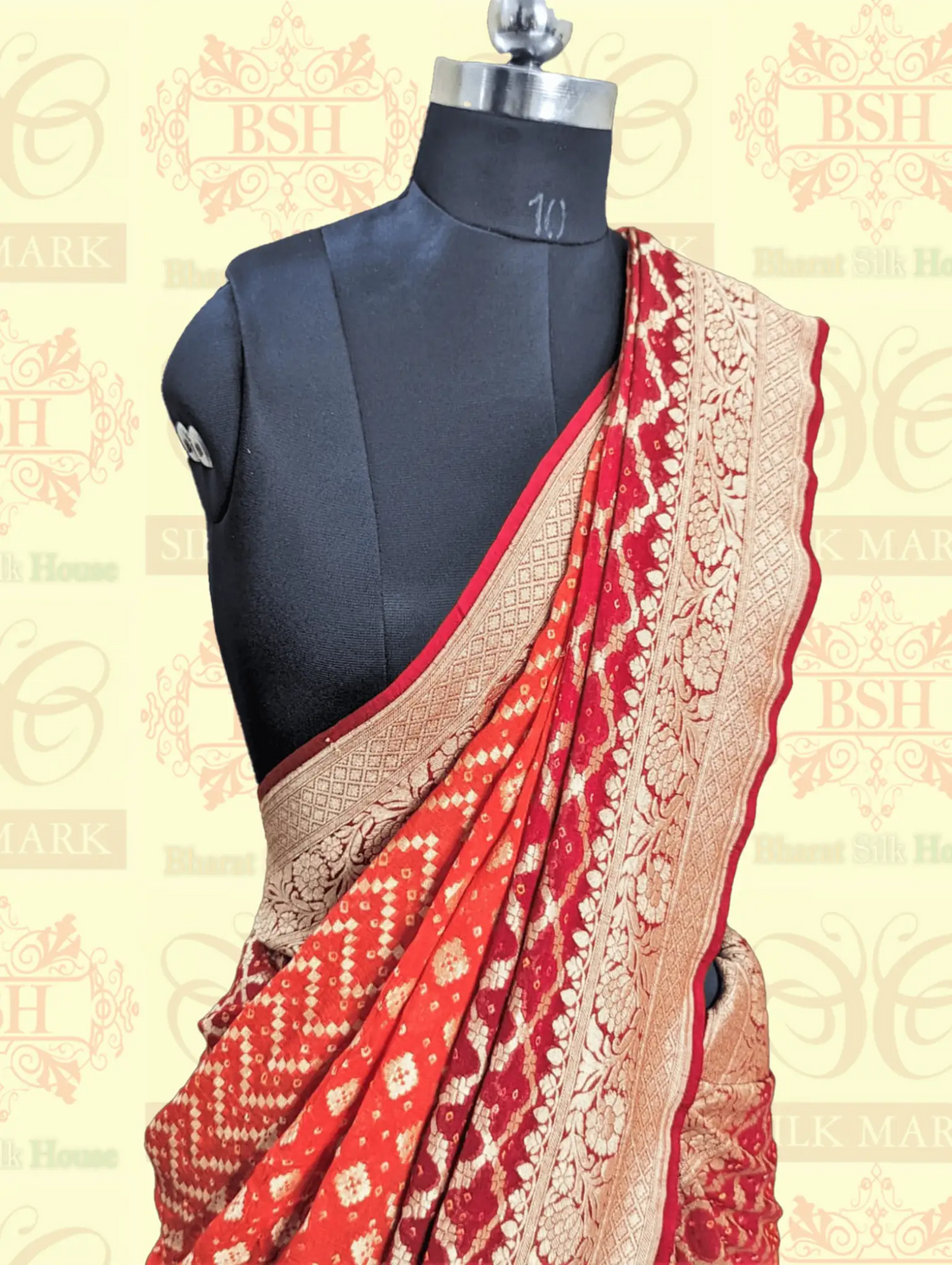 Pure Georgette Banarasi Bandhej Handloom Saree In Dual Shades Of Red & Orange - Bharat Silk House Bandhej