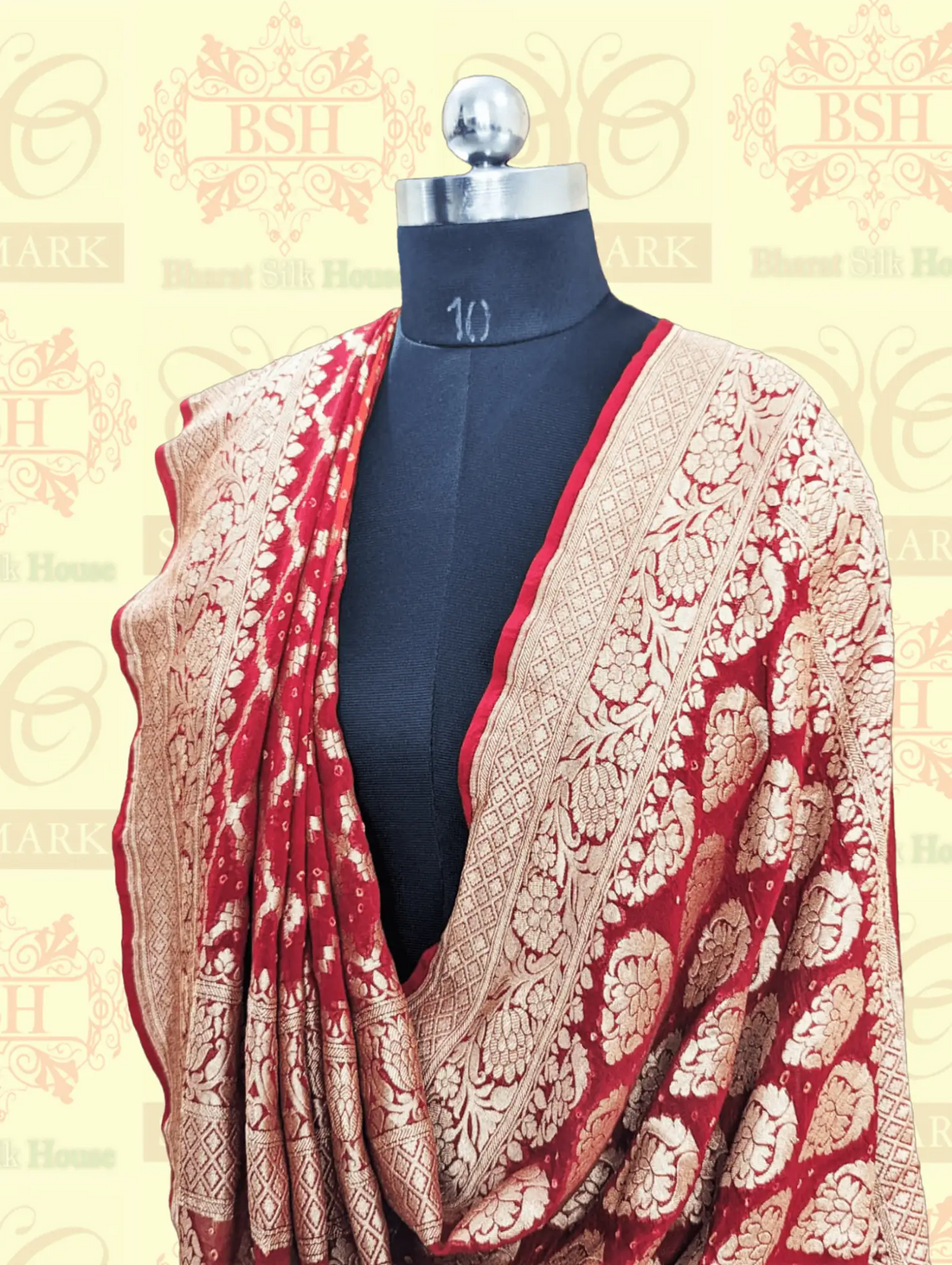 Pure Georgette Banarasi Bandhej Handloom Saree In Dual Shades Of Red & Orange - Bharat Silk House Bandhej