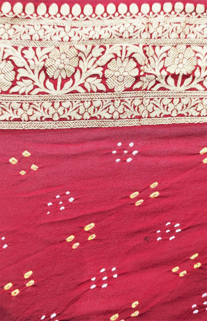 Pure Georgette Banarasi Bandhej Handloom Saree In Dual Shades Of Red/Yellow - Bharat Silk House Bandhej