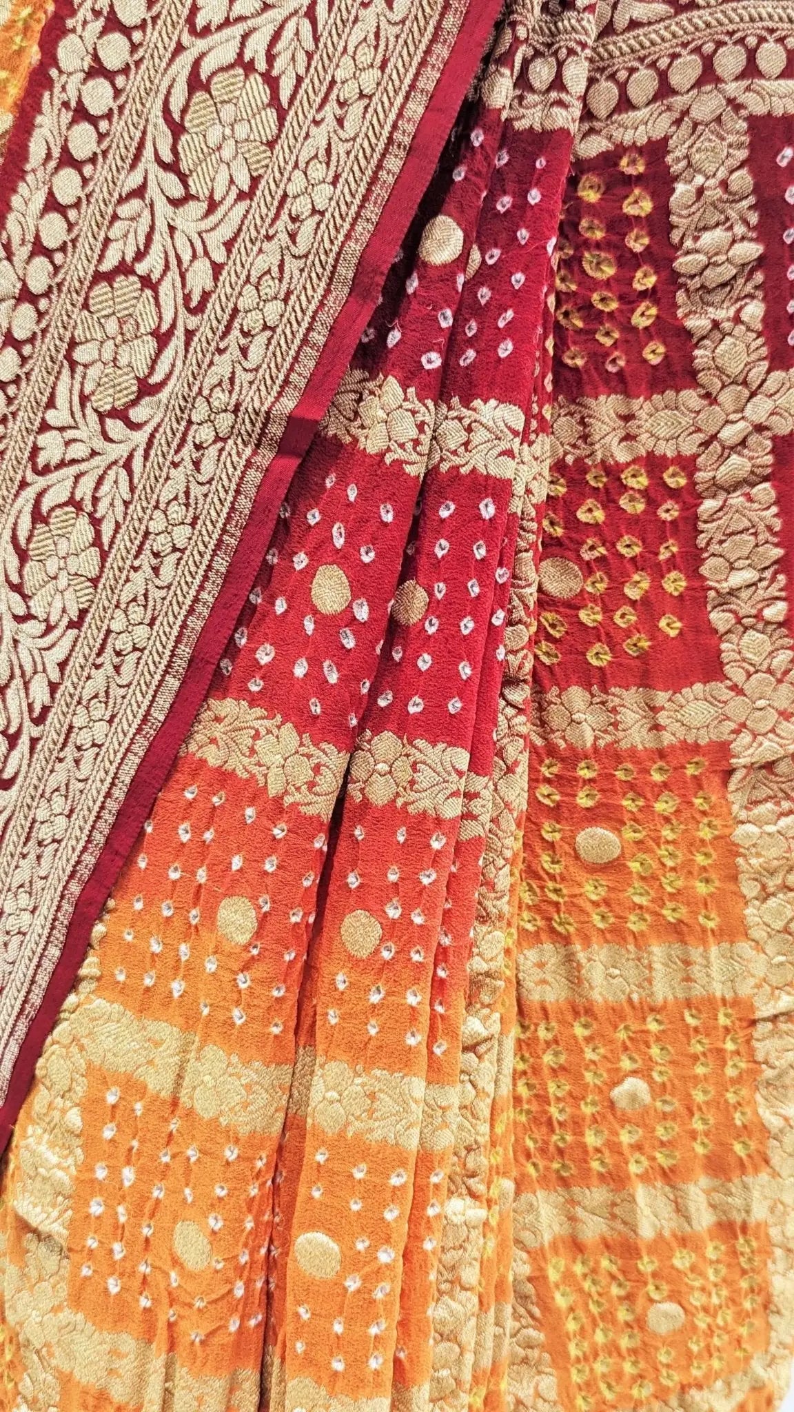 Pure Georgette Banarasi Bandhej Handloom Saree In Dual Shades Of Red/Yellow - Bharat Silk House Bandhej