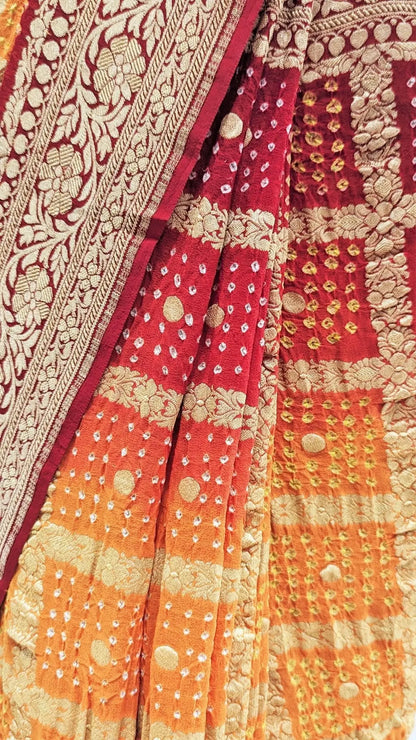 Pure Georgette Banarasi Bandhej Handloom Saree In Dual Shades Of Red/Yellow - Bharat Silk House Bandhej