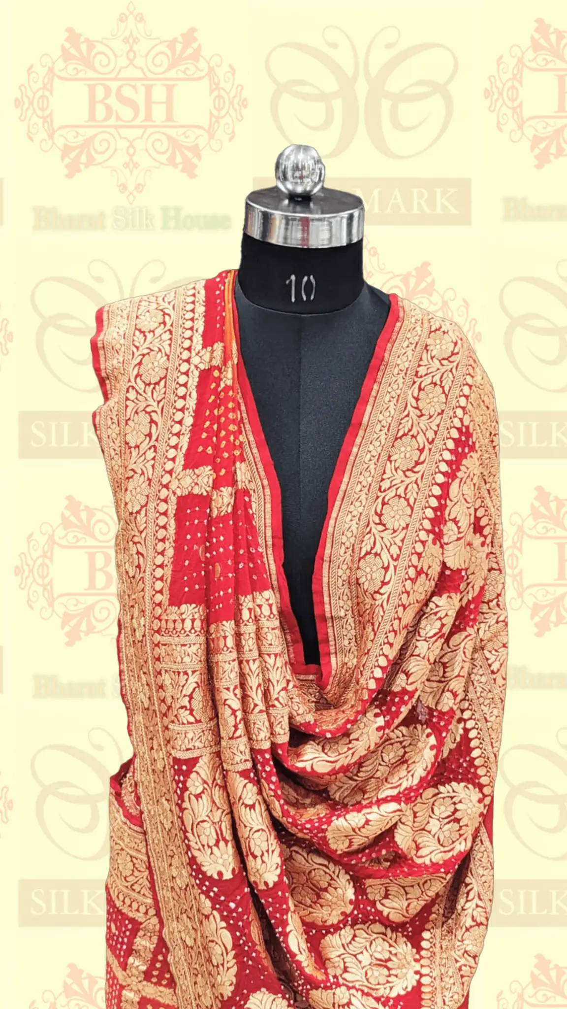 Pure Georgette Banarasi Bandhej Handloom Saree In Dual Shades Of Red/Yellow - Bharat Silk House Bandhej