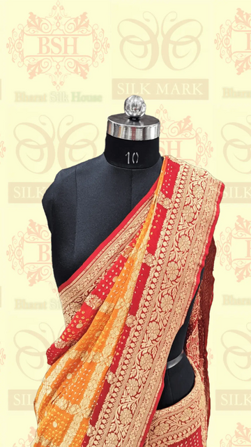 Pure Georgette Banarasi Bandhej Handloom Saree In Dual Shades Of Red/Yellow - Bharat Silk House Bandhej