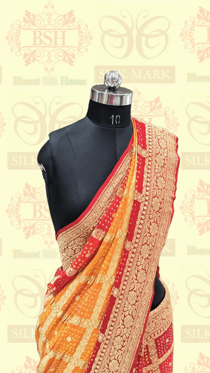 Pure Georgette Banarasi Bandhej Handloom Saree In Dual Shades Of Red/Yellow - Bharat Silk House Bandhej