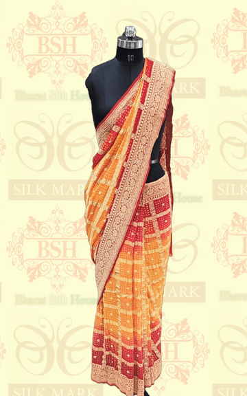 Pure Georgette Banarasi Bandhej Handloom Saree In Dual Shades Of Red/Yellow - Bharat Silk House Bandhej