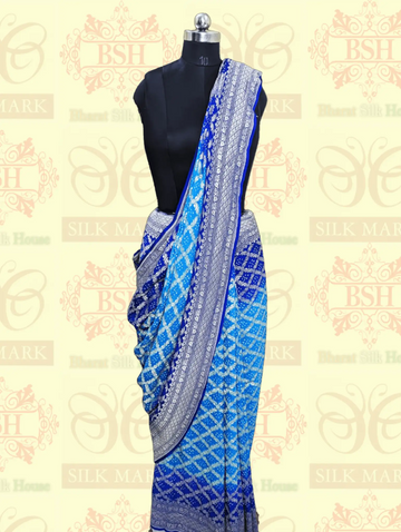 Pure Georgette Banarasi Bandhej Handloom Saree In Shades Of Peacock Royal - Bharat Silk House Bandhej