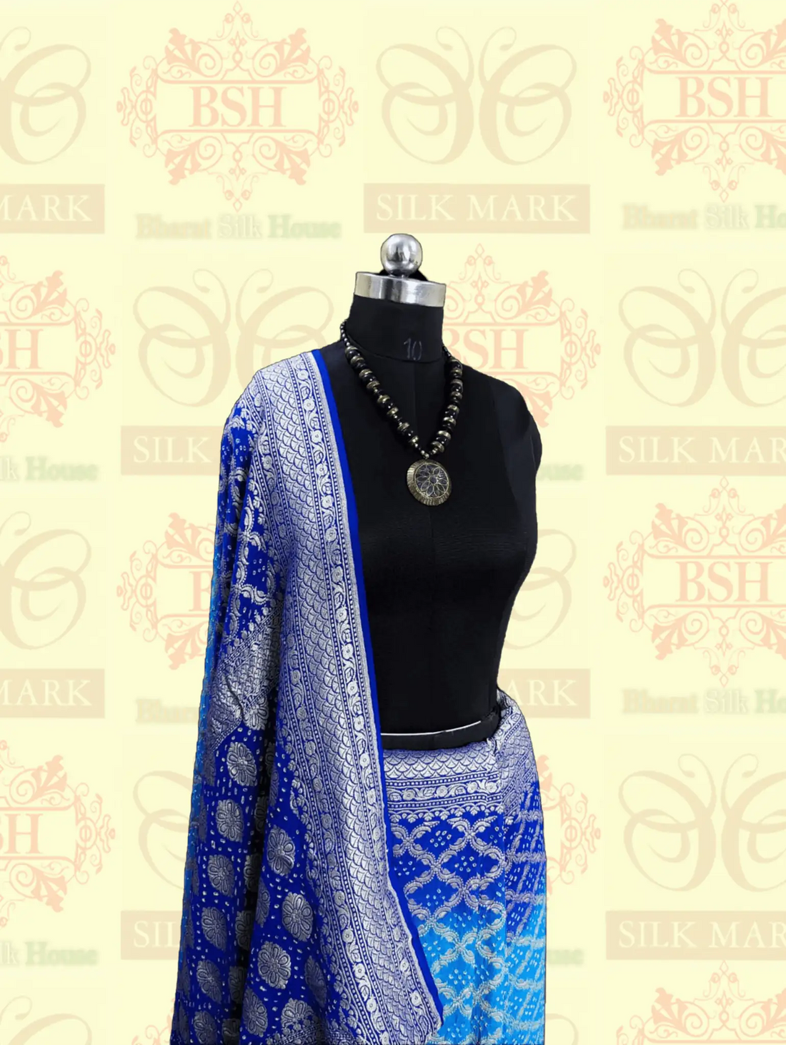 Pure Georgette Banarasi Bandhej Handloom Saree In Shades Of Peacock Royal - Bharat Silk House Bandhej