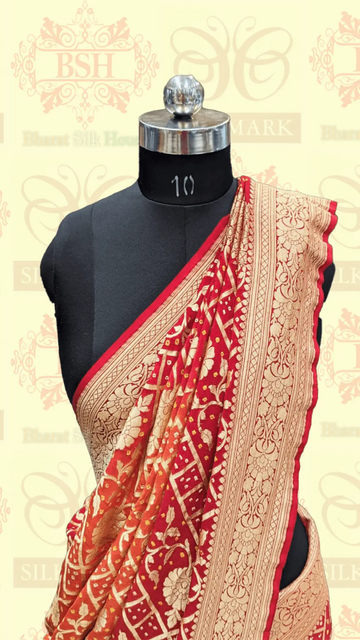 Pure Georgette Banarasi Bandhej Saree In Double Shades Of Red/Orange - Bharat Silk House Bandhej