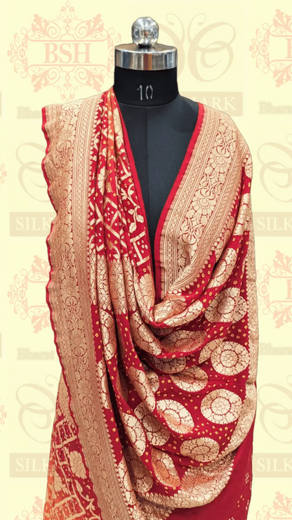 Pure Georgette Banarasi Bandhej Saree In Double Shades Of Red/Orange - Bharat Silk House Bandhej