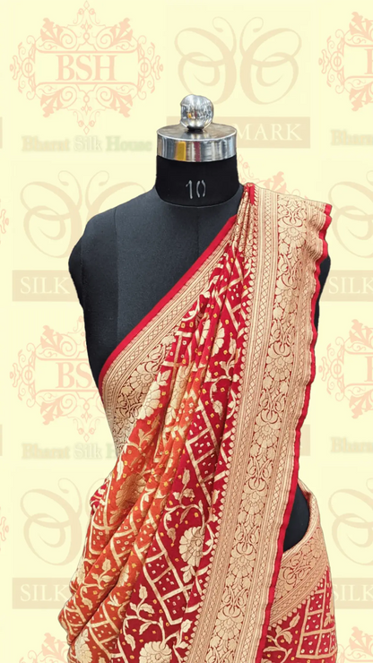 Pure Georgette Banarasi Bandhej Saree In Double Shades Of Red/Orange - Bharat Silk House Bandhej