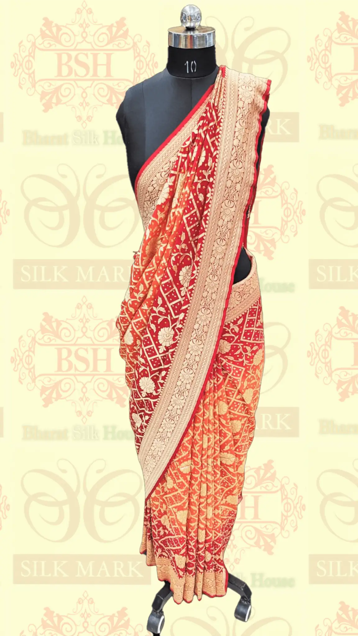 Pure Georgette Banarasi Bandhej Saree In Double Shades Of Red/Orange - Bharat Silk House Bandhej