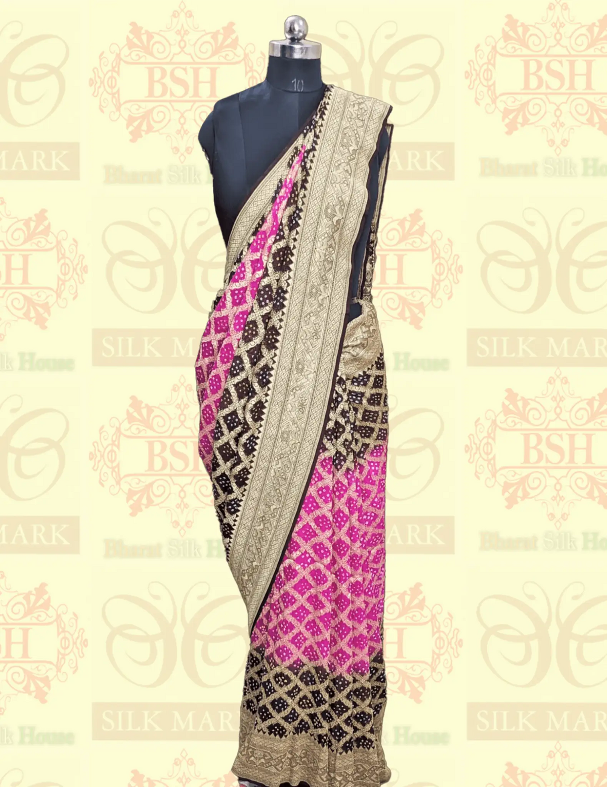 Pure Georgette Banarasi Handloom Bandhej Saree In Dual Shades Of Pink & Hickory Brown - Bharat Silk House Bandhej