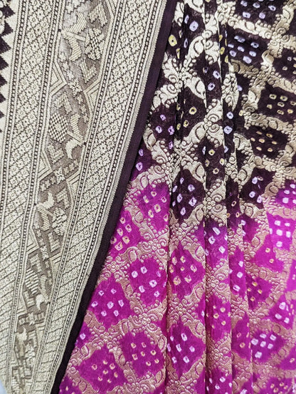 Pure Georgette Banarasi Handloom Bandhej Saree In Dual Shades Of Pink & Hickory Brown - Bharat Silk House Bandhej