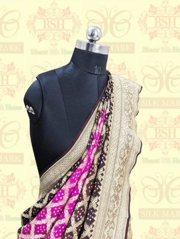 Pure Georgette Banarasi Handloom Bandhej Saree In Dual Shades Of Pink & Hickory Brown - Bharat Silk House Bandhej