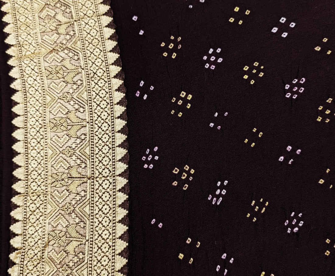 Pure Georgette Banarasi Handloom Bandhej Saree In Dual Shades Of Pink & Hickory Brown - Bharat Silk House Bandhej