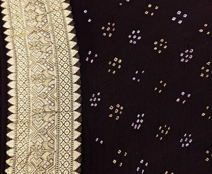 Pure Georgette Banarasi Handloom Bandhej Saree In Dual Shades Of Pink & Hickory Brown - Bharat Silk House Bandhej