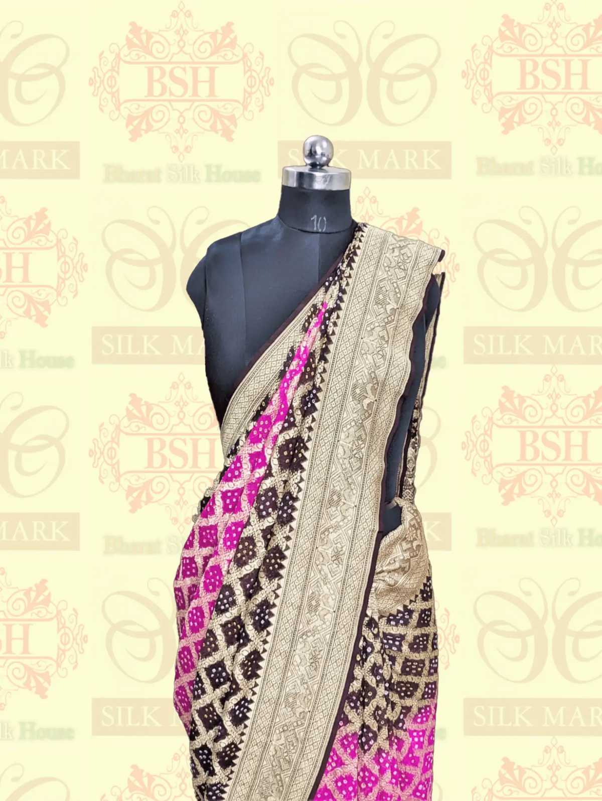 Pure Georgette Banarasi Handloom Bandhej Saree In Dual Shades Of Pink & Hickory Brown - Bharat Silk House Bandhej