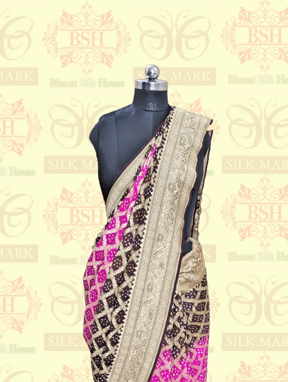 Pure Georgette Banarasi Handloom Bandhej Saree In Dual Shades Of Pink & Hickory Brown - Bharat Silk House Bandhej