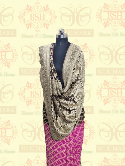 Pure Georgette Banarasi Handloom Bandhej Saree In Dual Shades Of Pink & Hickory Brown - Bharat Silk House Bandhej