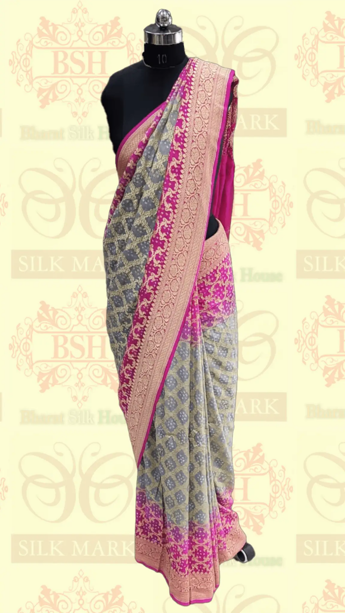 Pure Georgette Banarasi Handloom Bandhej Saree In Dual Shades Of Pink/Grey - Bharat Silk House Bandhej