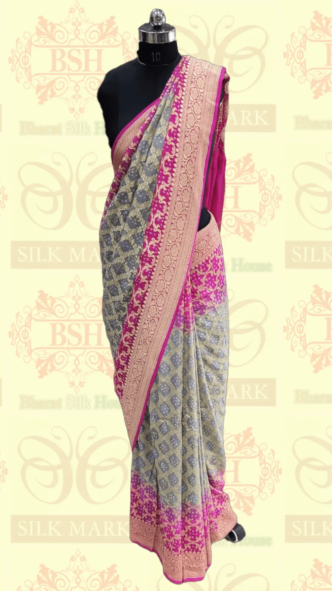 Pure Georgette Banarasi Handloom Bandhej Saree In Dual Shades Of Pink/Grey - Bharat Silk House Bandhej
