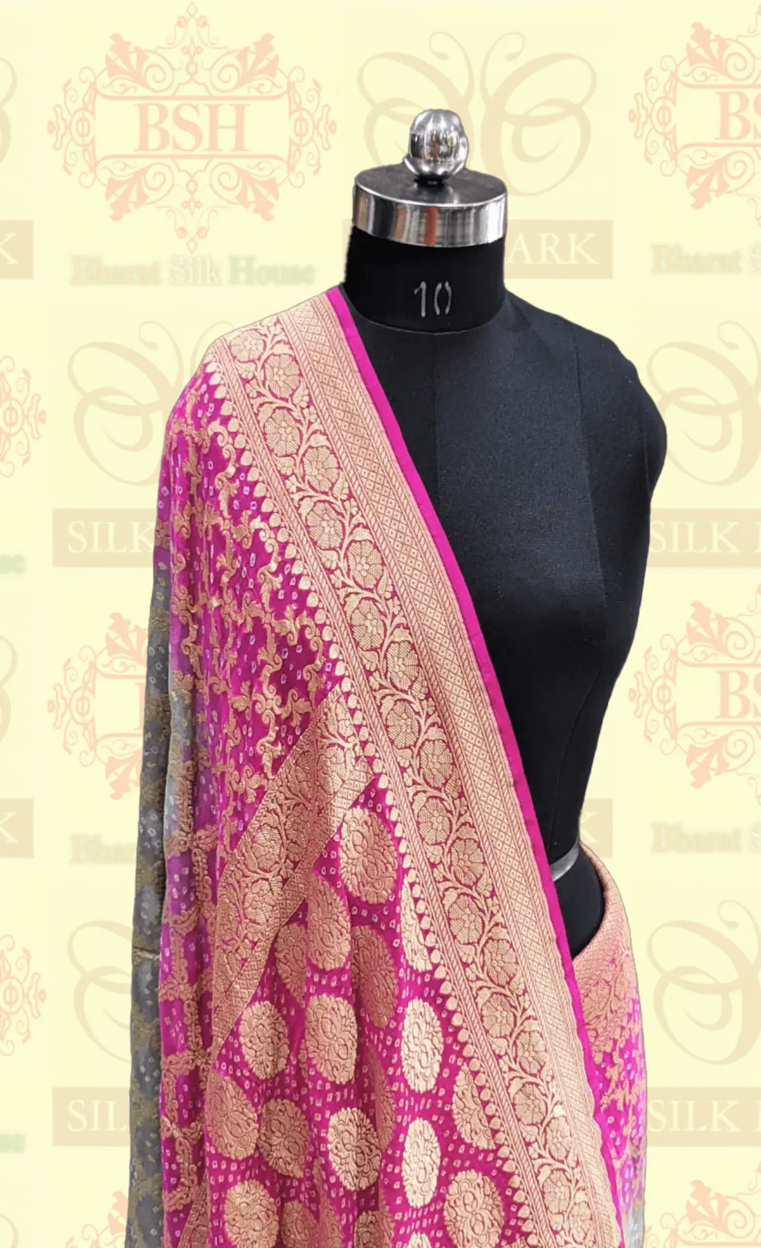 Pure Georgette Banarasi Handloom Bandhej Saree In Dual Shades Of Pink/Grey - Bharat Silk House Bandhej