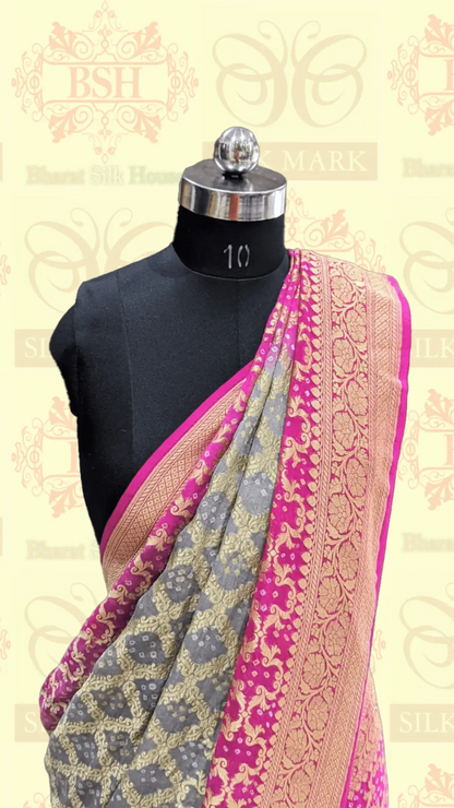 Pure Georgette Banarasi Handloom Bandhej Saree In Dual Shades Of Pink/Grey - Bharat Silk House Bandhej