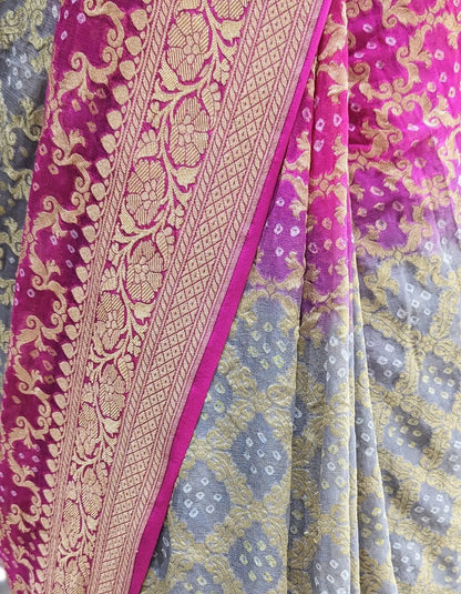 Pure Georgette Banarasi Handloom Bandhej Saree In Dual Shades Of Pink/Grey - Bharat Silk House Bandhej