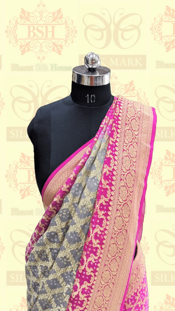Pure Georgette Banarasi Handloom Bandhej Saree In Dual Shades Of Pink/Grey - Bharat Silk House Bandhej
