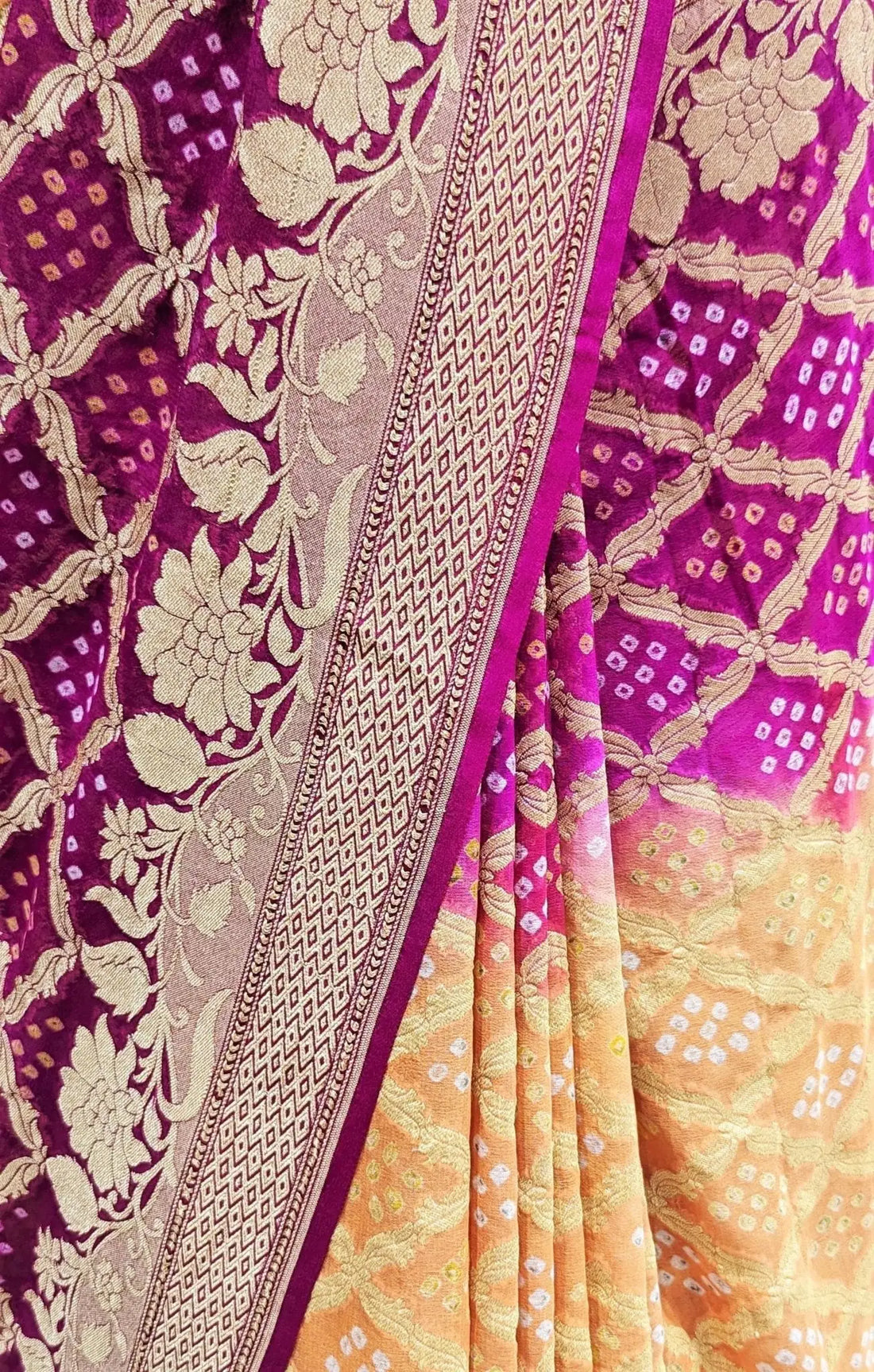 Pure Georgette Banarasi Handloom Bandhej Saree In Dual Shades Of Pink/Yellow - Bharat Silk House Bandhej