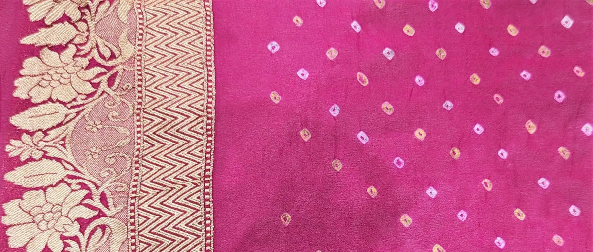 Pure Georgette Banarasi Handloom Bandhej Saree In Dual Shades Of Pink/Yellow - Bharat Silk House Bandhej