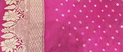 Pure Georgette Banarasi Handloom Bandhej Saree In Dual Shades Of Pink/Yellow - Bharat Silk House Bandhej