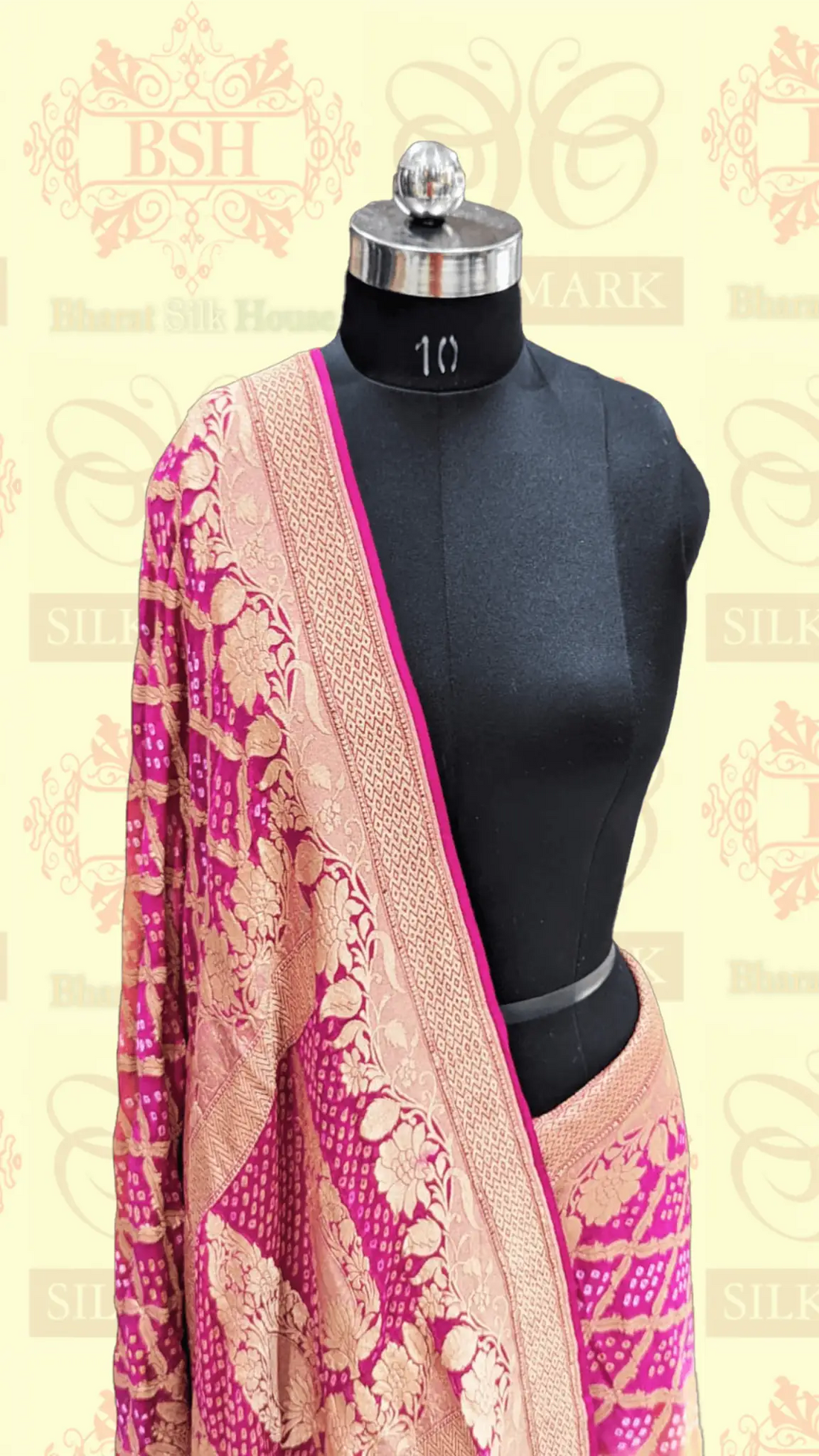 Pure Georgette Banarasi Handloom Bandhej Saree In Dual Shades Of Pink/Yellow - Bharat Silk House Bandhej