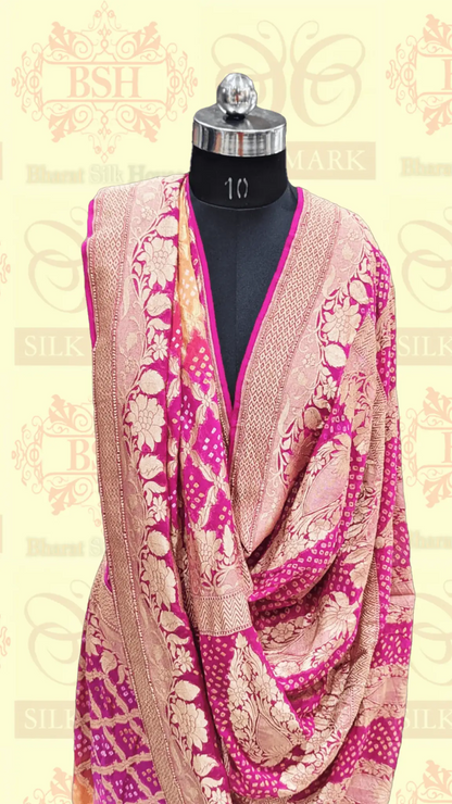 Pure Georgette Banarasi Handloom Bandhej Saree In Dual Shades Of Pink/Yellow - Bharat Silk House Bandhej