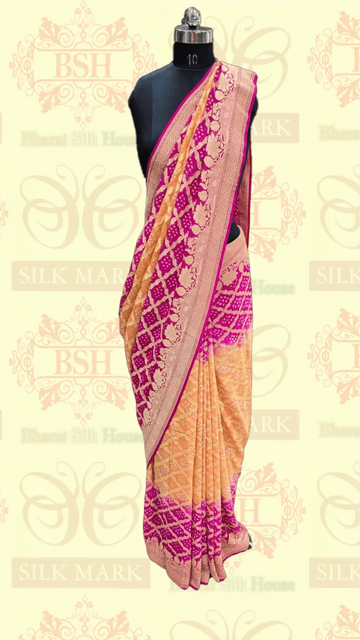 Pure Georgette Banarasi Handloom Bandhej Saree In Dual Shades Of Pink/Yellow - Bharat Silk House Bandhej