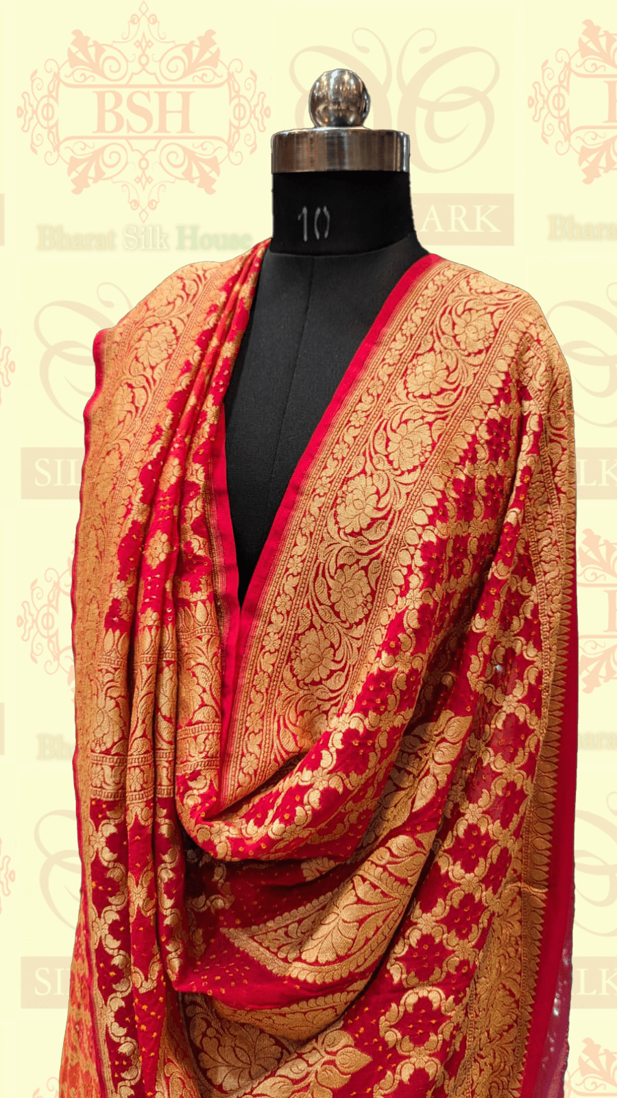 Pure Georgette Bandhani Handloom Saree In Shades Of Red/Orange - Bharat Silk House
