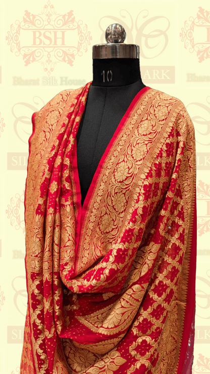 Pure Georgette Bandhani Handloom Saree In Shades Of Red/Orange - Bharat Silk House