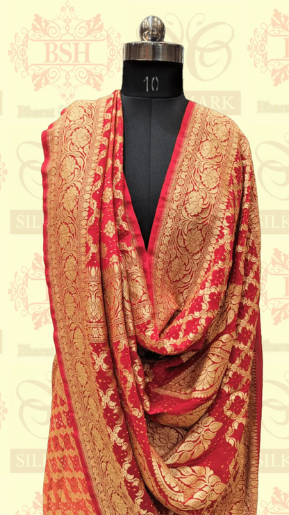 Pure Georgette Bandhani Handloom Saree In Shades Of Red/Orange - Bharat Silk House Bandhej