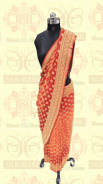 Pure Georgette Bandhani Handloom Saree In Shades Of Red/Orange - Bharat Silk House Bandhej