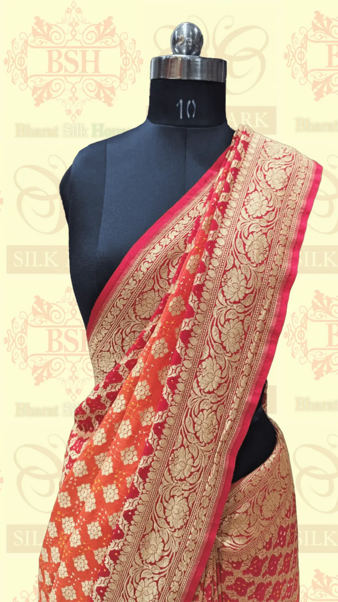 Pure Georgette Bandhani Handloom Saree In Shades Of Red/Orange - Bharat Silk House Bandhej