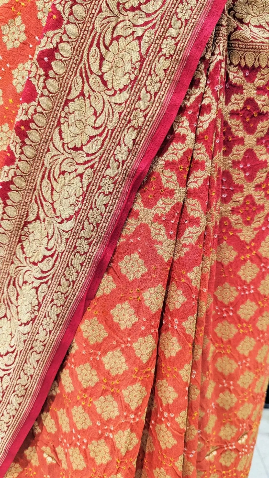 Pure Georgette Bandhani Handloom Saree In Shades Of Red/Orange - Bharat Silk House Bandhej