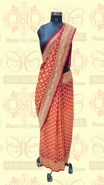 Pure Georgette Bandhani Handloom Saree In Shades Of Red/Orange - Bharat Silk House Bandhej