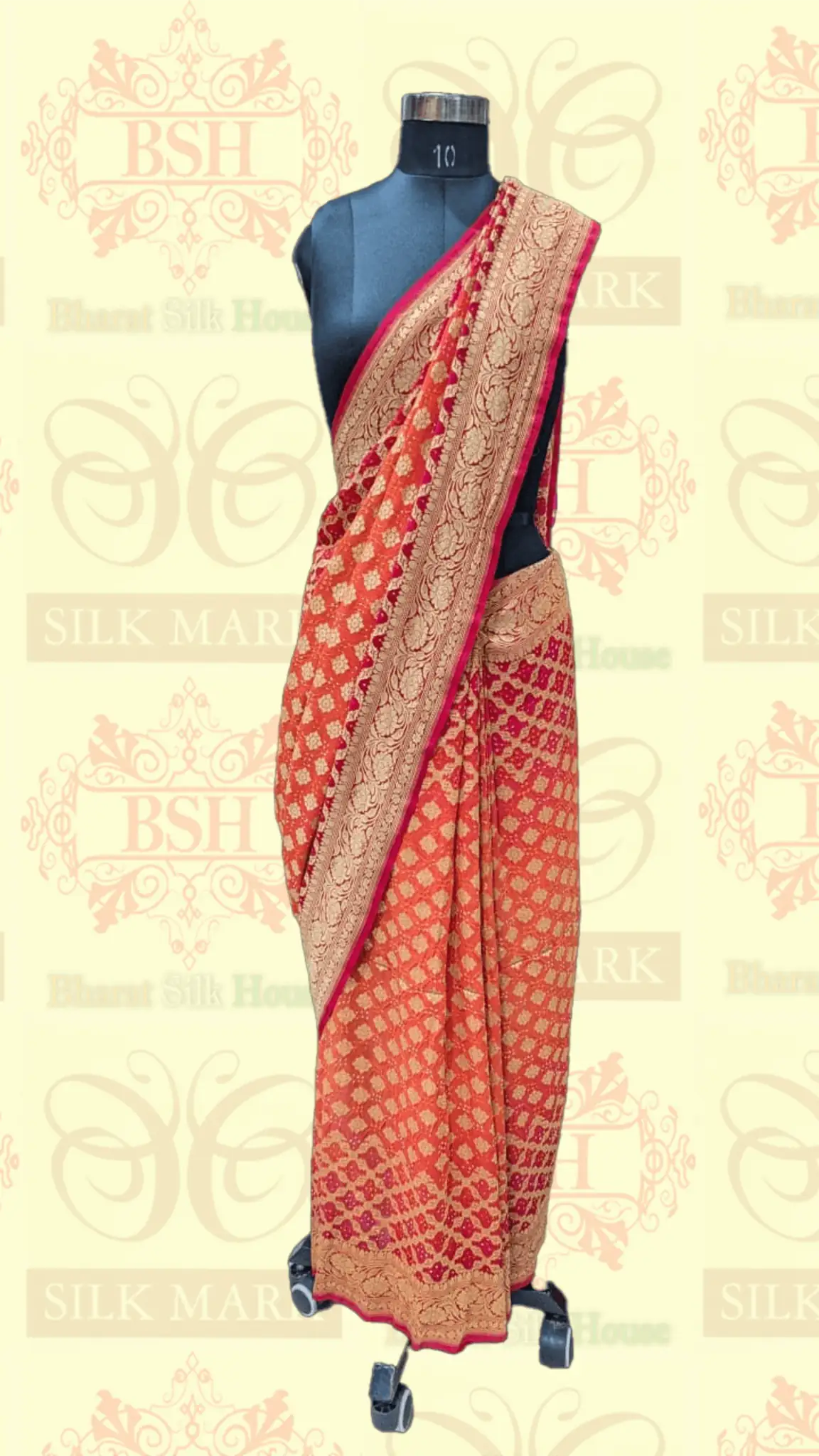 Pure Georgette Bandhani Handloom Saree In Shades Of Red/Orange - Bharat Silk House Bandhej