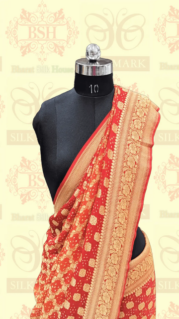 Pure Georgette Bandhani Handloom Saree In Shades Of Red/Orange - Bharat Silk House Bandhej