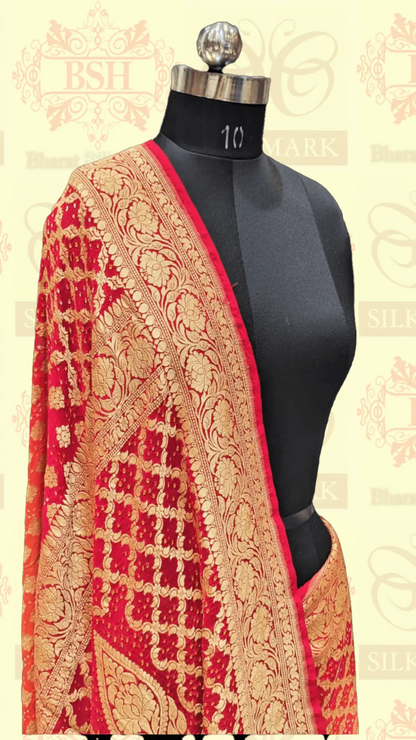 Pure Georgette Bandhani Handloom Saree In Shades Of Red/Orange - Bharat Silk House Bandhej